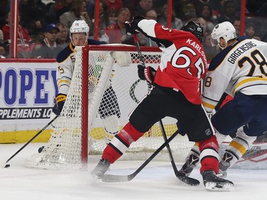 Sabres Jack Eichel gets a wrap around goal against the Senators during second period action.