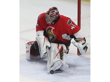 The Ottawa Senators took on the New York Rangers at the Canadian Tire Centre in Ottawa Ontario Sunday Jan 24, 2016. Senators goalie Craig Anderson makes a save agains the Rangers during first period action Sunday.