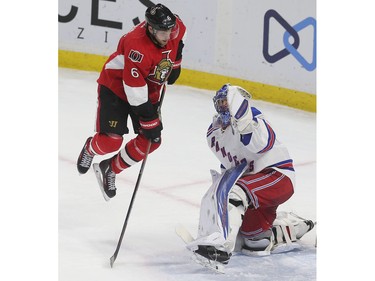 The Ottawa Senators took on the New York Rangers at the Canadian Tire Centre in Ottawa Ontario Sunday Jan 24, 2016. Senators Bobby Ryan jumps over a shot on Rangers Henrik Lundqvist during second period action Sunday.