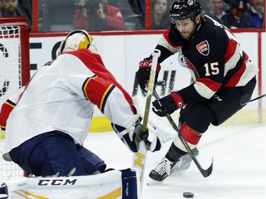 Ottawa Senators'  Zack Smith (15) looks to beat Florida Panthers' Roberto Luongo (1) during third period NHL action at the Canadian Tire Centre in Ottawa Thursday January 07, 2016. The Sens lost 3-2.