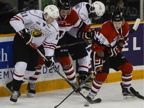 The Owen Sound Attack's Liam Dunda (11) and Ottawa 67 Artur Tyanulin (13) fight for the puck along the boards during a game on Saturday, Jan. 30, 2016 at TD Place arena.