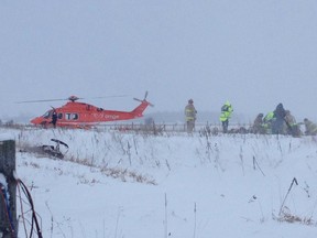 The Ornge air ambulance transports the victim of a snowmobile crash to hospital Saturday, Jan. 1.
