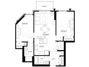Floor plan of The Patro, a 930-square-foot two-bedroom.