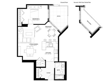 Floor plan of The York, an 835-square-foot one-bedroom.