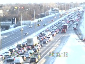 Traffic on Highway 417 was bottlenecked Wednesday morning due to a car with a blown tire.