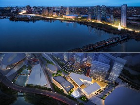 Two competing proposals were presented to the public on Tuesday, January 26, 2016 for redevelopment at Lebreton Flats include Rendezvous Lebreton Group, top, and Devcore proposal for Lebreton reimagined, bottom.
