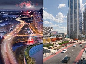 Two competing proposals were presented to the public on Tuesday, January 26, 2016 for redevelopment at Lebreton Flats include Rendezvous Lebreton Group, left, and Devcore proposal for Lebreton reimagined, right.