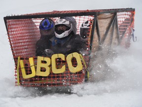 University of British Columbia Okanagan students participate in slalom race during The Great Northern Concrete Toboggan Race held at Edelweiss ski resort on Saturday. The race is hosted by University of Ottawa and engineering students from various universities from Canada and United States race one against another. (James Park / Ottawa Citizen)