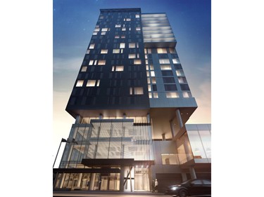 The 23-storey tower at the Arts Court site will be Ottawa’s first Le Germain Hotel on the first 15 floors (as well as some Ottawa Art Gallery space) and condos above. Clad mostly in glass with vertical accents of glossy aluminum give it a thinner look, architect Jérôme Côté says the idea of using reflective materials was to lose the tower in the skyline.