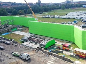 A green screen on the set of the film &ampquot;Avengers: Age of Ultron&ampquot; shot in London, England, is shown in a handout photo. Four partners — David McIntosh, Steve Smith, Mike Branham and Mike Kirilenko — have been named Oscar winners for engineering and developing the cutting-edge green screen, called the Aircover Inflatables Airwall.