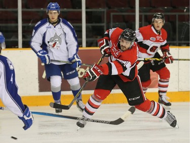 67s captain Jacob Middleton blasts the puck and scores in the first period.