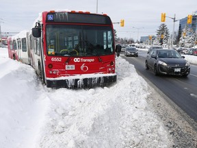This articulated OC Transpo bus at Hunt Club Road and Prince of Wales Drive was one of many that got stuck and remained stranded most of the day Wednesday.