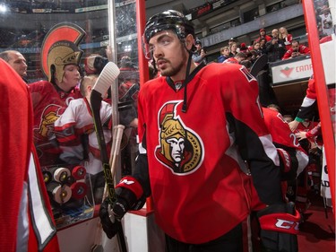 Nicholas Paul #13 of the Ottawa Senators walks down the players' tunnel for warmup prior to making his NHL debut.