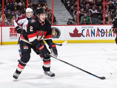 Dion Phaneuf #2 of the Ottawa Senators defends.