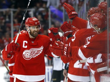 Detroit Red Wings left wing Henrik Zetterberg (40) celebrates his goal against the Ottawa Senators in the third period.