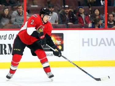 Dion Phaneuf of the Ottawa Senators during first period NHL action.