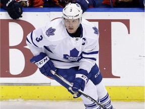 In this Jan. 26, 2016 file photo, Toronto Maple Leafs defenceman Dion Phaneuf skates with the puck during the second period of an NHL hockey game against the Florida Panthers.