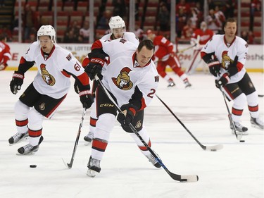 Ottawa Senators defenseman Dion Phaneuf skates during warmups .