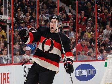 Mark Stone #61 of the Ottawa Senators celebrates his second-period goal against the Edmonton Oilers.