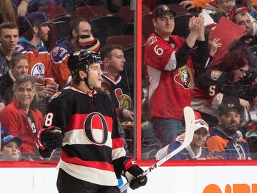 Mike Hoffman #68 of the Ottawa Senators celebrates his first-period power-play goal.
