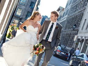 Ottawa newlyweds Brittany Warren, shown wearing an embroidered, beaded and lace tulle gown with sweetheart neckline designed by Janine Adamyk, and Bradley Conrad, dressed in a custom J.P. Tilford by Samuelsohn suit from Harry Rosen, celebrated their big day in Old Montreal. Wedding planner Stacey Price and florist Erin Carmichael made sure the wedding went off without a hitch.