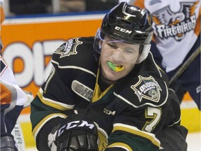 London Knight Matthew Tkachuk, seen in a file photo, had a goal and four assists against the 67's.