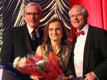 From left, Master of ceremonies Rob Clipperton on stage with Loretta Loria-Riedel and her husband, Austrian Ambassador Arno Riedel, patron of the Viennese Winter Ball, held at The Westin hotel on Saturday, February 20, 2016.