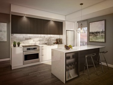 Two-toned kitchens mix wood-grain elements with glossy surfaces for ‘a luxe feel,’ says interior designer Kelly Cray of U31. Standard features will include quartz counters, European-style appliances and flat-panel cabinets.