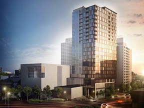 Looking west from Waller Street and the Mackenzie King Bridge, the project includes new space for the Ottawa Art Gallery (left), a flexible theatre space for the University of Ottawa (small building in the middle) and the 23-storey hotel/condo tower on the right.