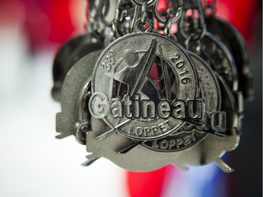 Gatineau Loppet medals hang near the finish line Saturday February 27, 2016.