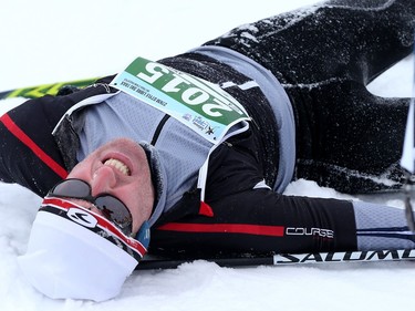 The Gatineau Loppet wrapped up it's 38th edition with skate-style races in Gatineau Quebec Sunday Feb 28, 2016. Andrew Brittain fell down after finishing his race. Hundreds of skiers took part in the Gatineau Loppet Sunday, the biggest international cross-country ski event in Canada.