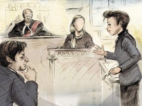 In this artist's sketch, Jian Ghomeshi (left to right), Justice William Horkins, a witness and Ghomeshi's lawyer Marie Henein appear in court on the first day of the former CBC host's trial in Toronto, Monday, Feb.1, 2016.