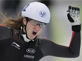 Ivanie Blondin, of Canada, reacts after winning the women's mass start race of the speedskating single distance World Championships in Kolomna, Russia, on Sunday, Feb. 14, 2016.