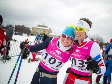 L-R Brandy Stewart and Megan McTavish at the finish line of the 51 km Classique  Gatineau Loppet that took place Saturday February 27, 2016.