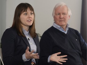 Katie Jensen, producer of the podcast Canadaland, and Doug Ward, who helped found CBC's As It Happens, speak at a panel discussion on the changing face of radio on Saturday, Feb. 13, 2016.
