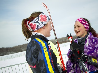 L-R Madison Fraser (second place)and Isabella Howden (first place) in the 27km Classique at the Gatineau Loppet that took place Saturday February 27, 2016.