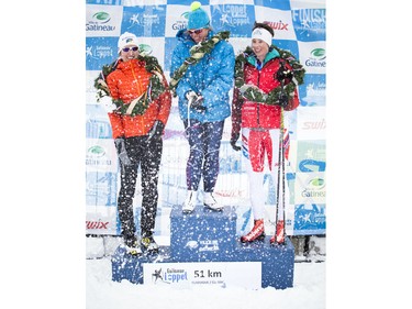 L-R Third place Elissa Bradley, first place Brandy Stewart and second place Megan McTavish, the top three female finishers of the 51 km Classique at the Gatineau Loppet Saturday February 27, 2016.