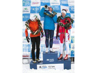 L-R Third place Elissa Bradley, first place Brandy Stewart and second place Megan McTavish, the top three female finishers of the 51 km Classique at the Gatineau Loppet Saturday February 27, 2016.