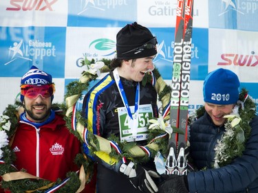 L-R third place Luc Campbell, first place Kieran Jones and second place Konrad Wiltmann male finishers of the 27 km Classique at the Gatineau Loppet that took place Saturday February 27, 2016.