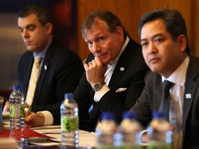 L to R: Geoff Publow, Vice President of Strategic Development Senators Sports & Entertainment, Cyril Leeder, President Senators Sports & Entertainment, Ken Villazor, Alternative Governor & Advisor to Owner Senators Sports & Entertainment.  Rendezvous Lebreton Group editorial board meeting.