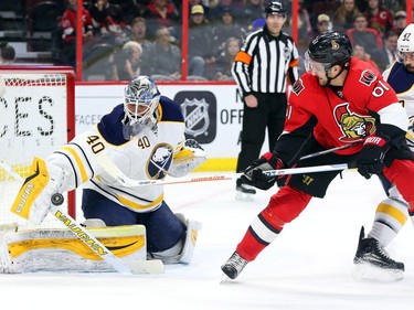 Mark Stone of the Ottawa Senators can't score on Robin Lehner of the Buffalo Sabres during first period NHL action.