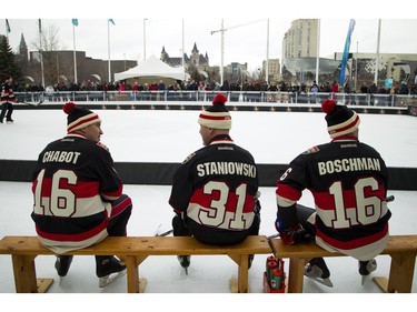 Members of the Senators Alumni took on members of the Maple Leafs Alumni in a 3-on-3 game of shinny at the Senators Rink of Dreams, Saturday, Feb. 6, 2016.