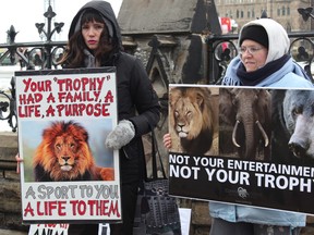 Jade Lamothe, left, a member of the Ottawa Animal Defense League, and Michele Thorn, organizer of the rally, protest on Wellington Street Saturday.