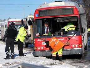 A OC Transpo bus hit a bus shelter at Jeanne D'Arc and Youville in Ottawa Thursday. One person was injured.