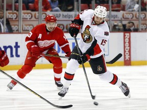 Ottawa Senators center Zack Smith (15) shoots against the Detroit Red Wings in the first period.