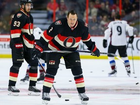 Ottawa Senators defenseman Dion Phaneuf (2) warming up with his new team before his first home game.