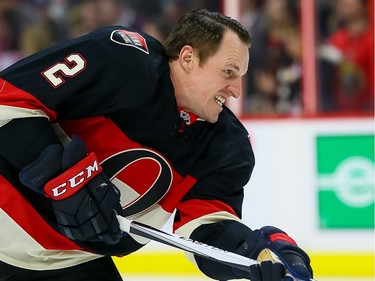 Ottawa Senators defenseman Dion Phaneuf (2) warming up with his new team before his first home game.