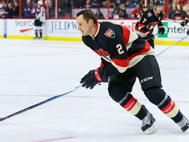 Ottawa Senators defenseman Dion Phaneuf (2) warming up with his new team before his first home game.