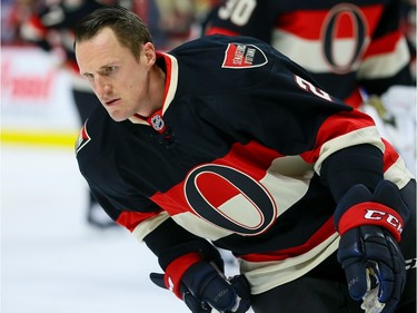 Ottawa Senators defenseman Dion Phaneuf (2) warming up with his new team before his first home game.