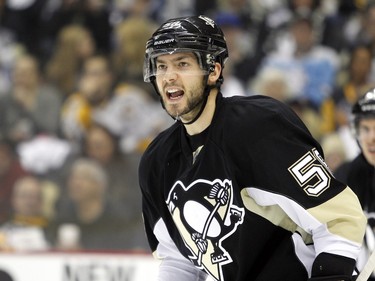Kris Letang #58 of the Pittsburgh Penguins argues a goal in the second period.